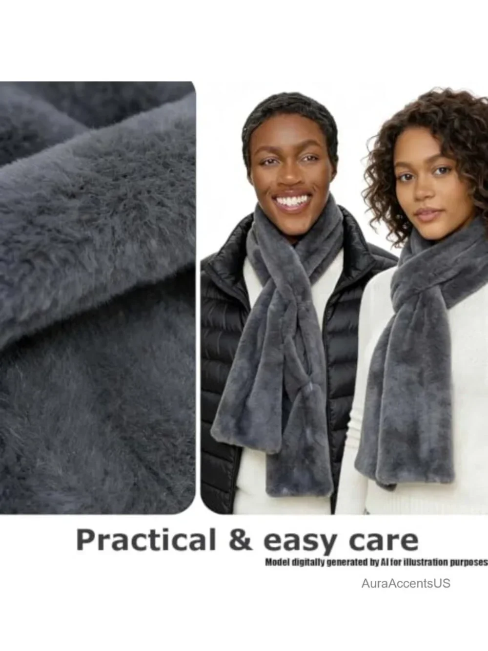 Faux Fur Pull Through Scarf with Hidden Zipper Pocket, Machine Washable
